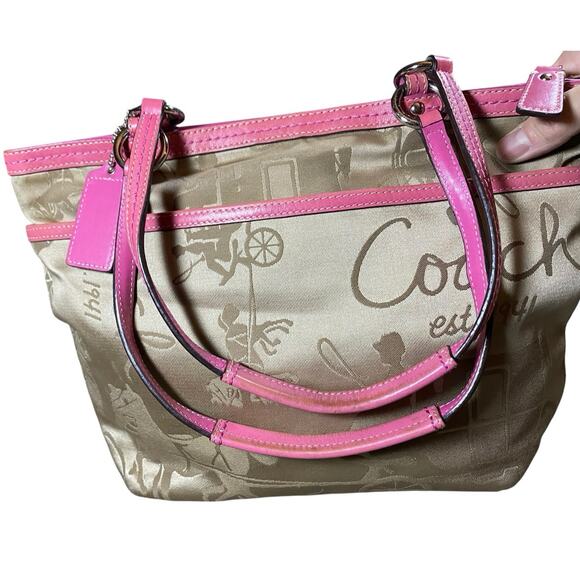 Coach Satin Khaki Horse Carriage Pleated Tote Bag - Picture 5 of 9